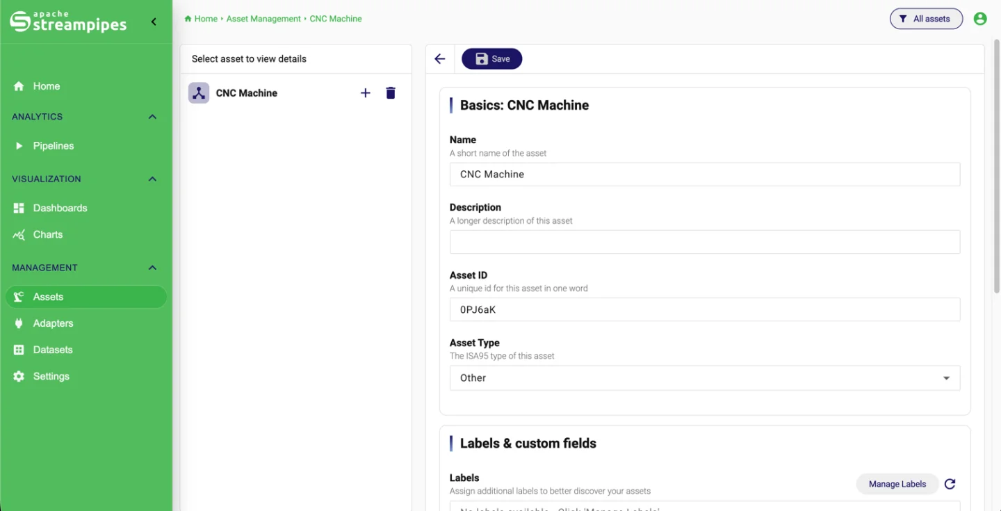 Asset editor with hierarchy, basics and labels