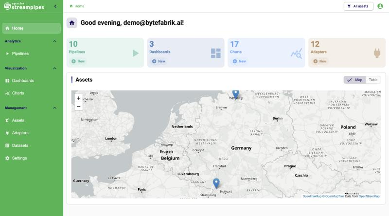 Home screen with assets on a map