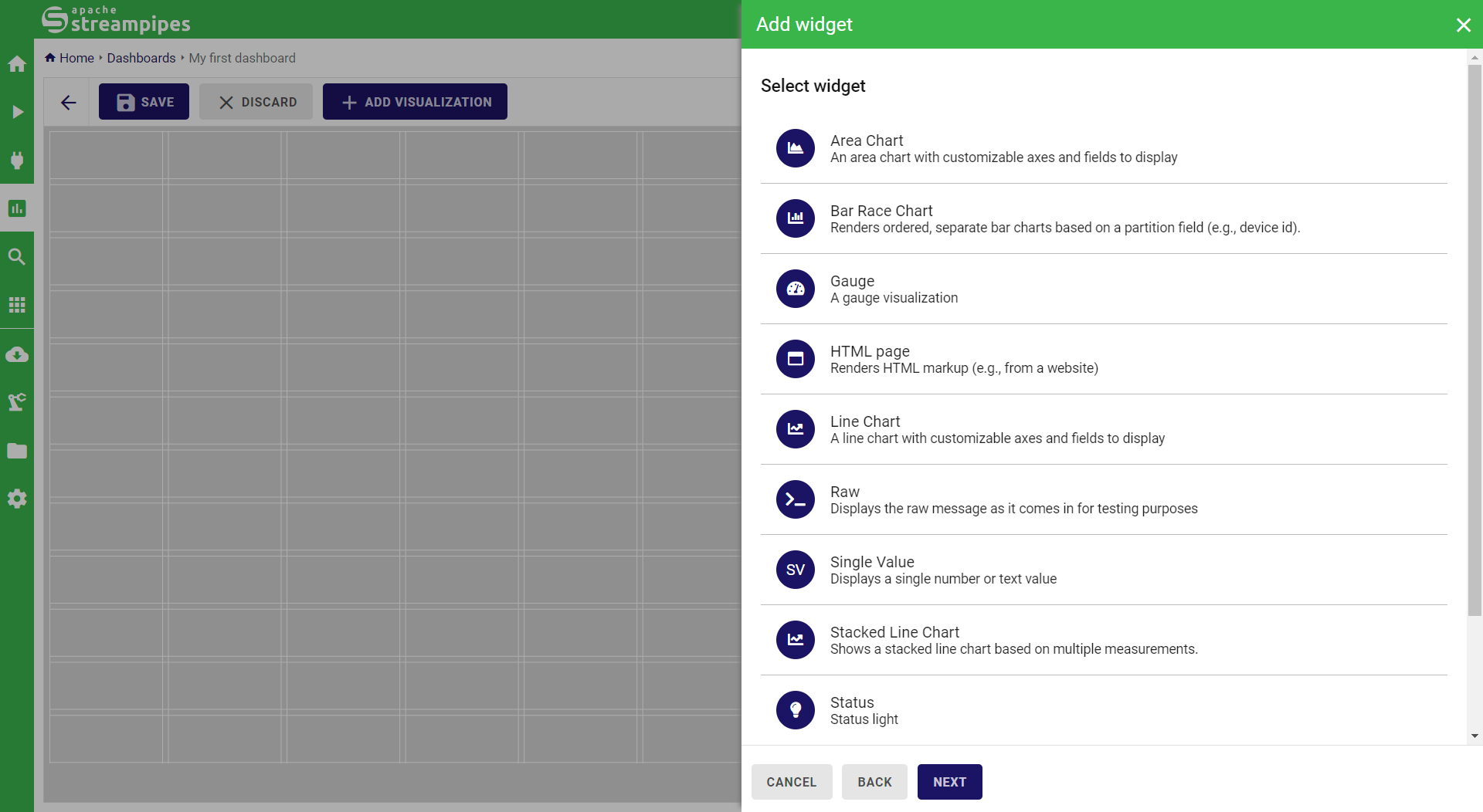 StreamPipes Dashboard Pipeline Selection