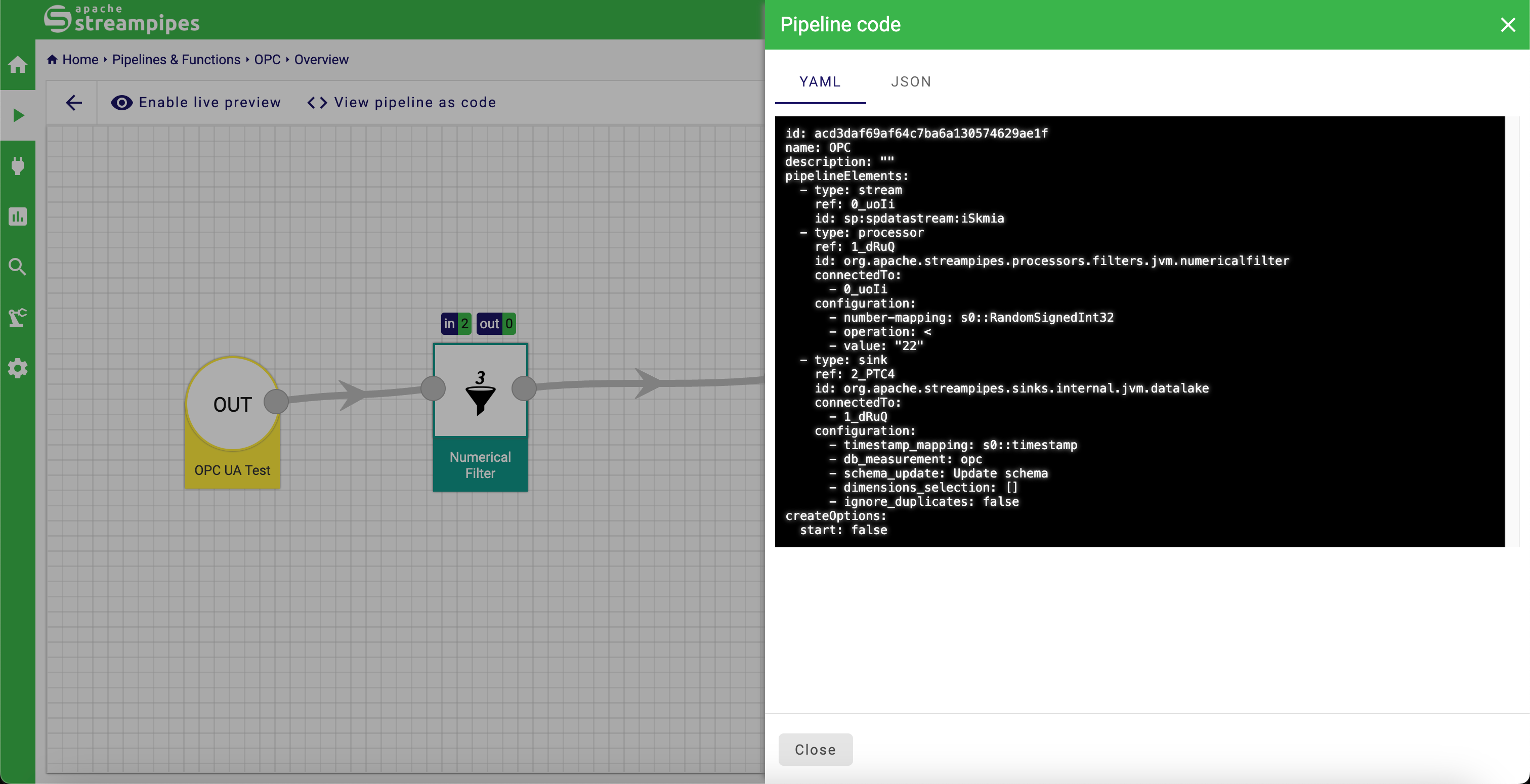 StreamPipes Pipeline Editor Code View