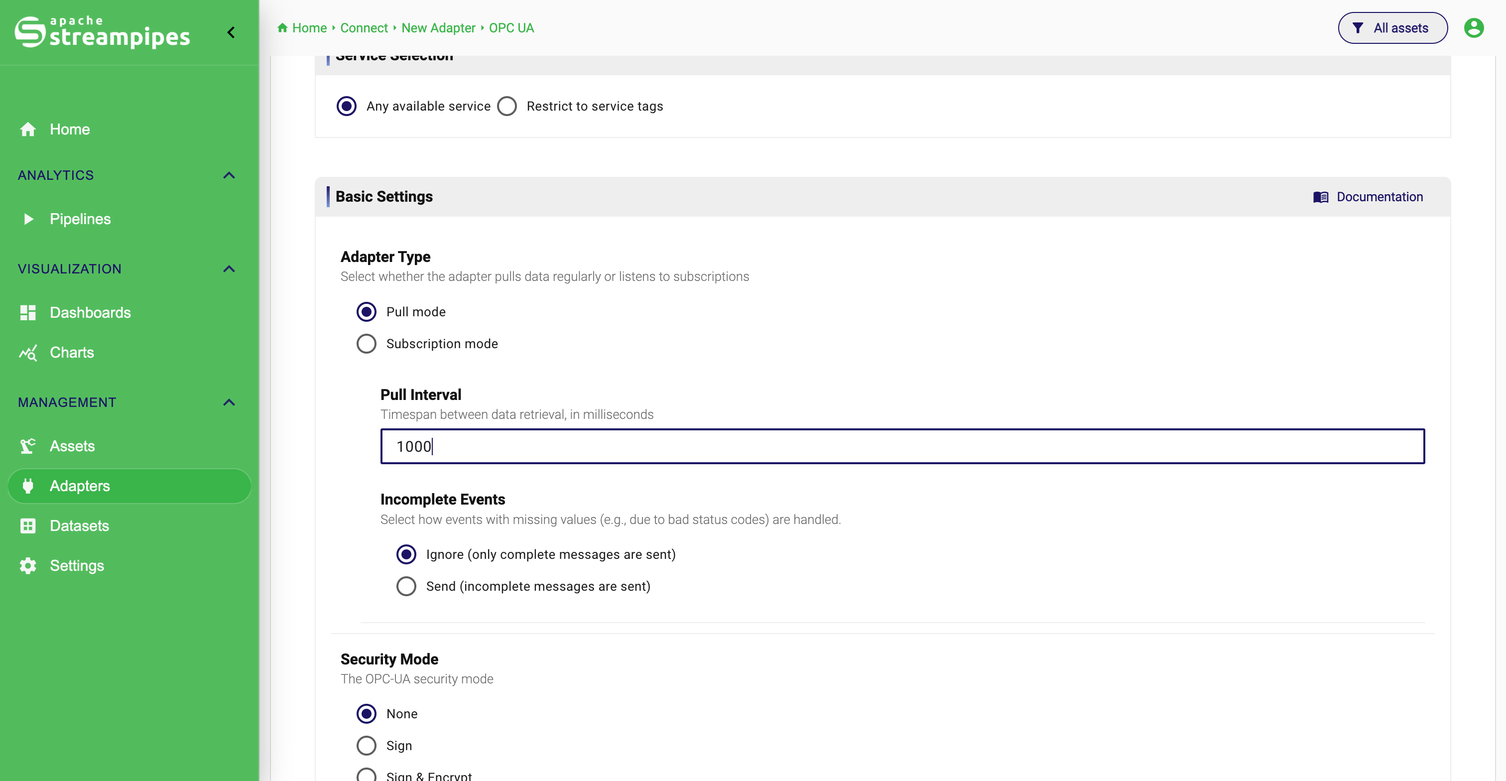 Configure the basic settings for OPC UA
