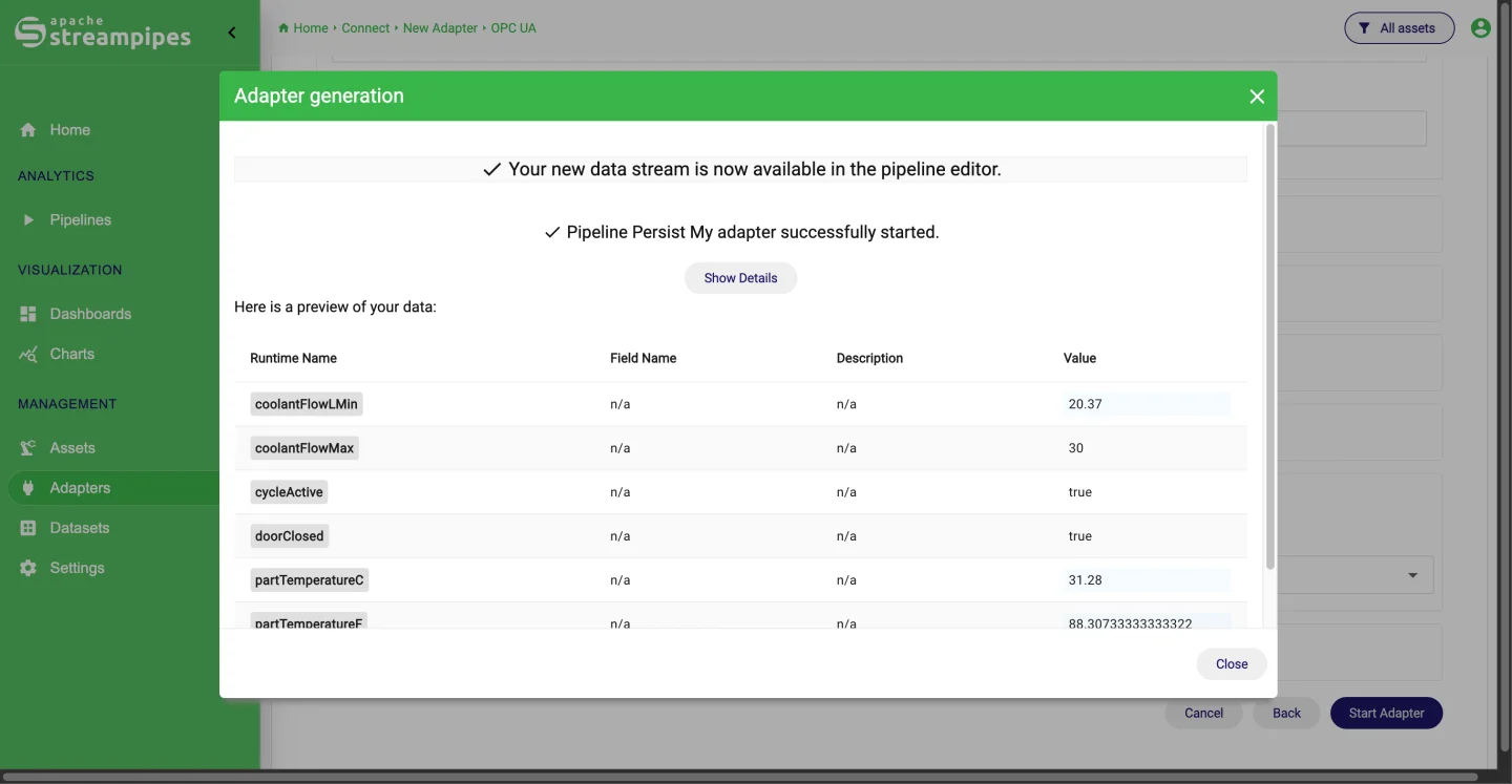 Adapter settings with a live event preview