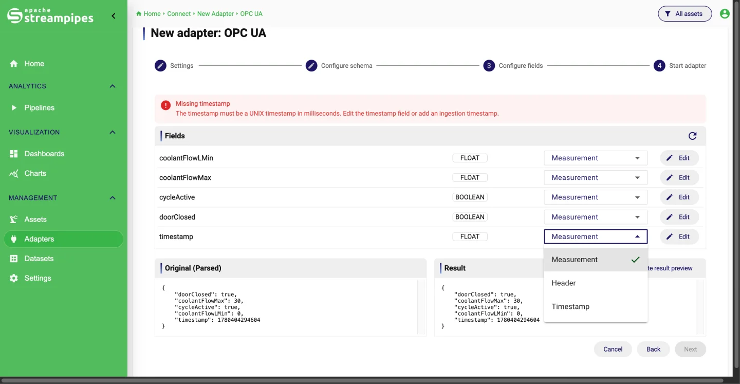 Field metadata configuration in the adapter wizard