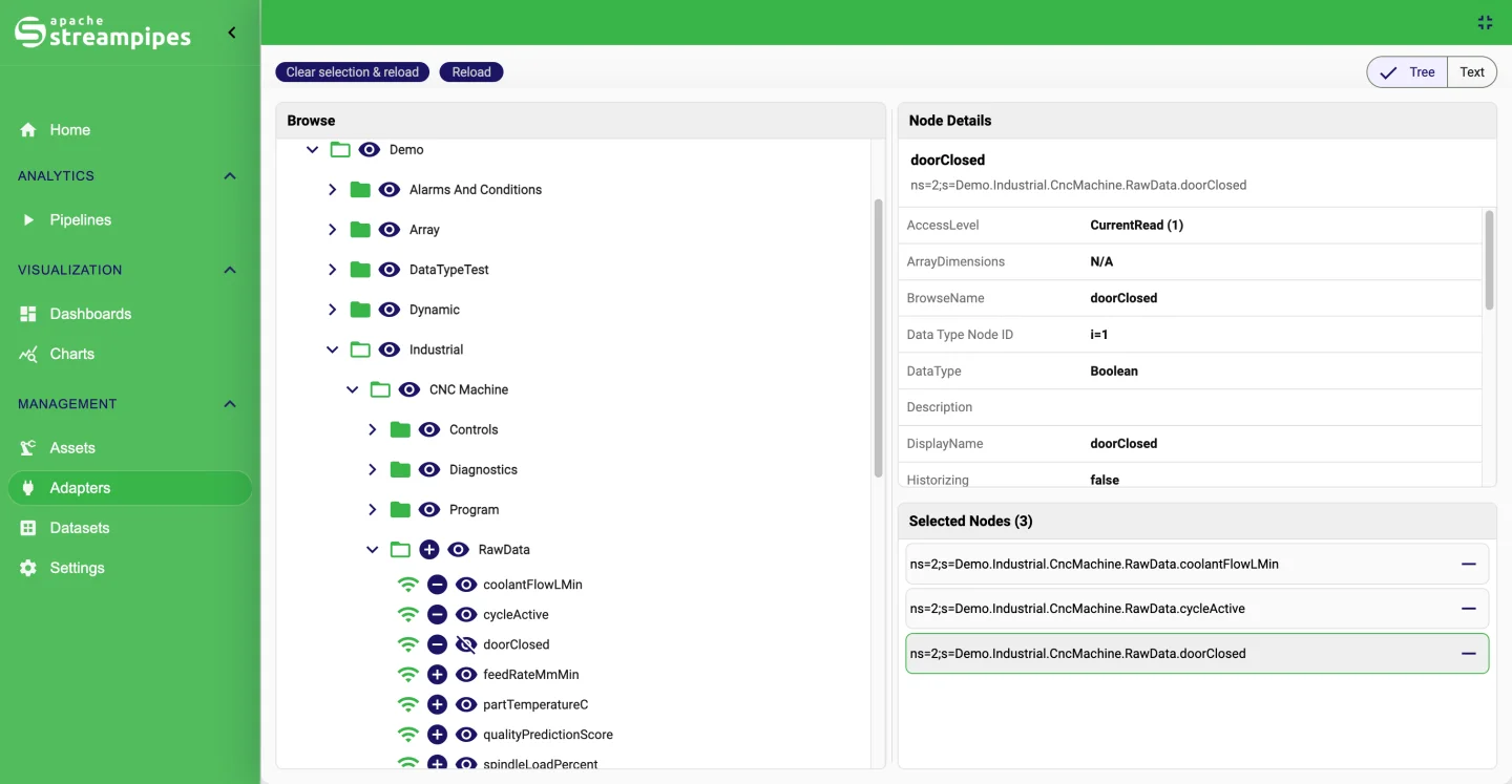 OPC UA node browser in the adapter wizard
