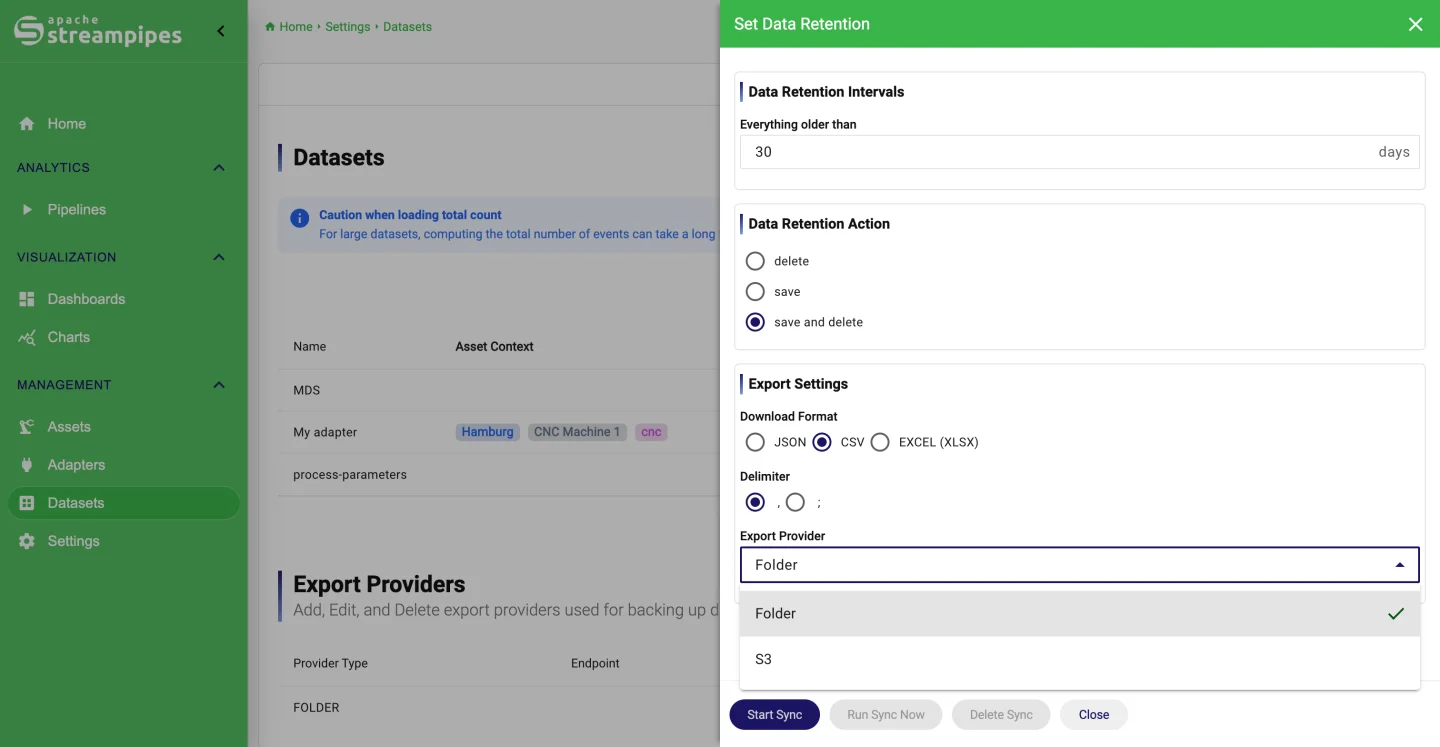 Dataset retention configuration dialog