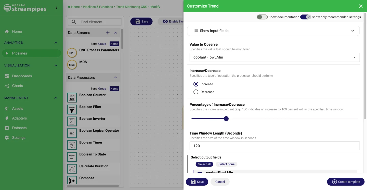 Pipeline element configuration dialog