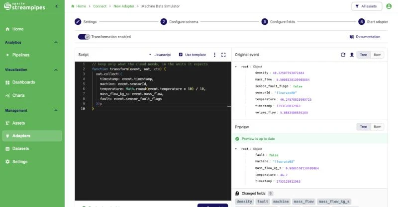 Script editor with the original event and the transformed preview side by side